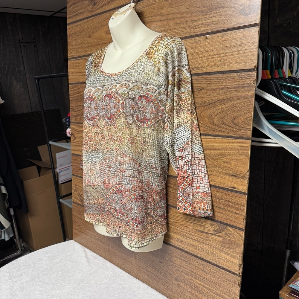 Christopher & Banks XL mosaic Multicolor Patterned Top sequins 3/4 sleeve - Picture 7 of 8